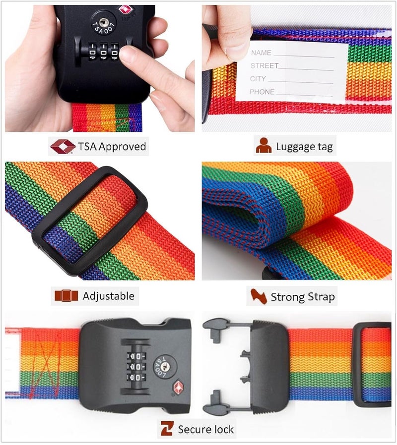 Fullplus Travel Luggage Strap Adjustable Suitcase Packing Belt with TSA Combination Lock 2 Pack Rainbow 2P - Image 3